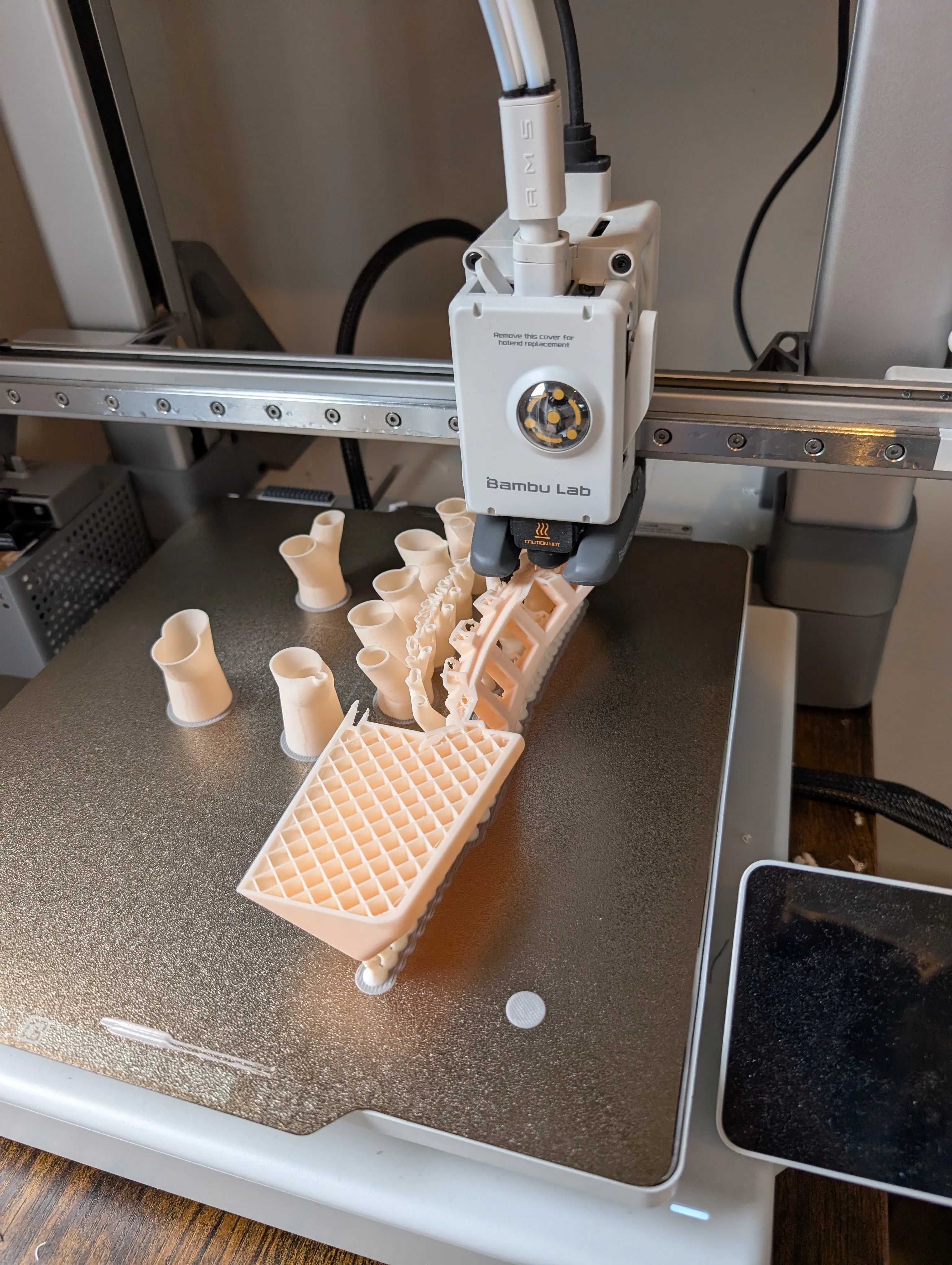 Print in progress with support towers